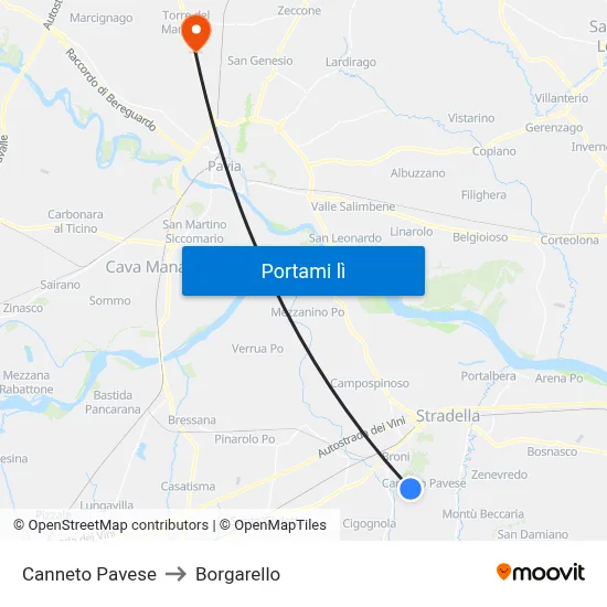 Canneto Pavese to Borgarello map