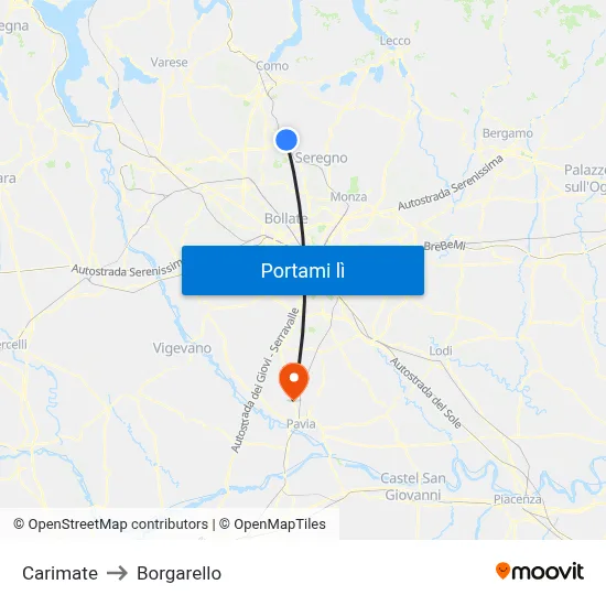 Carimate to Borgarello map