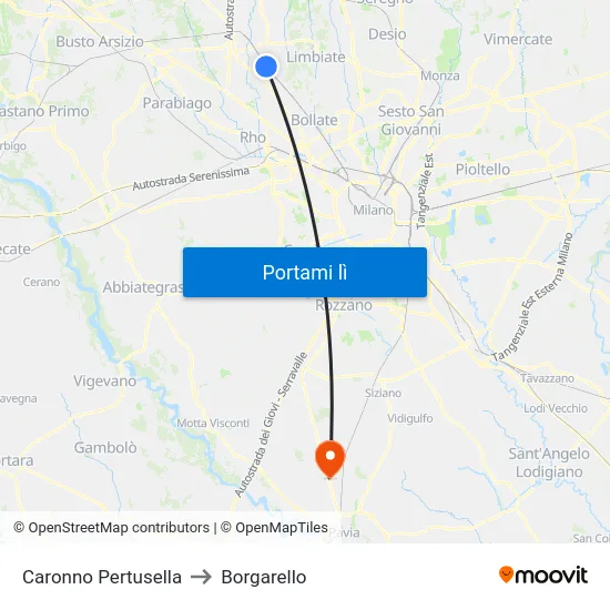 Caronno Pertusella to Borgarello map