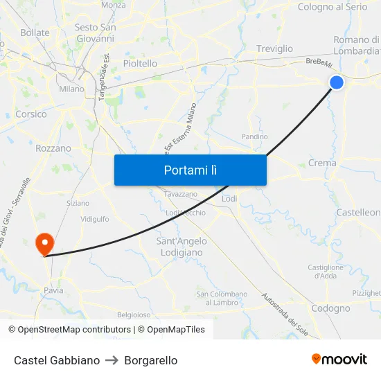 Castel Gabbiano to Borgarello map