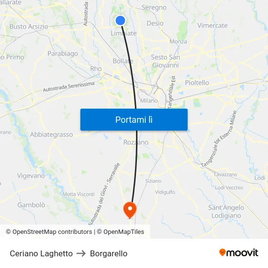Ceriano Laghetto to Borgarello map