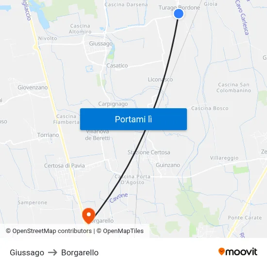 Giussago to Borgarello map