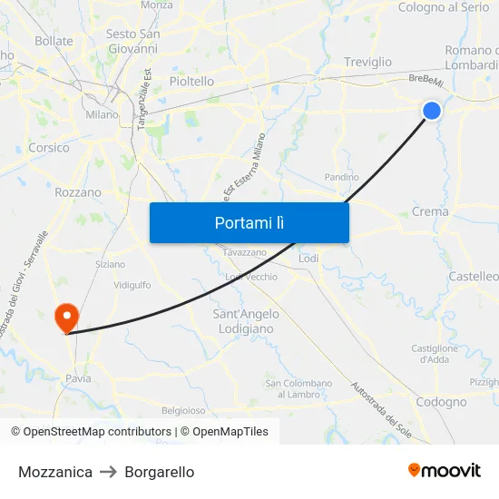 Mozzanica to Borgarello map