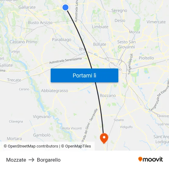 Mozzate to Borgarello map