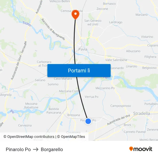 Pinarolo Po to Borgarello map