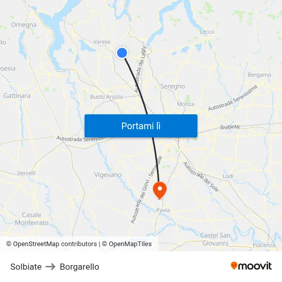 Solbiate to Borgarello map