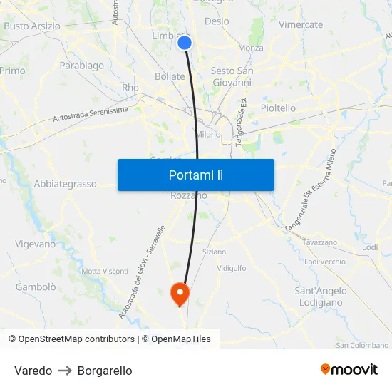 Varedo to Borgarello map