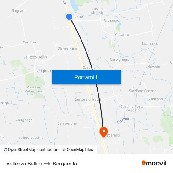 Vellezzo Bellini to Borgarello map