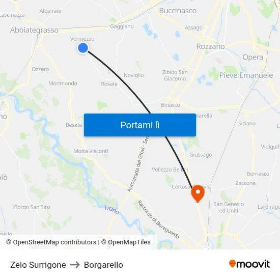 Zelo Surrigone to Borgarello map