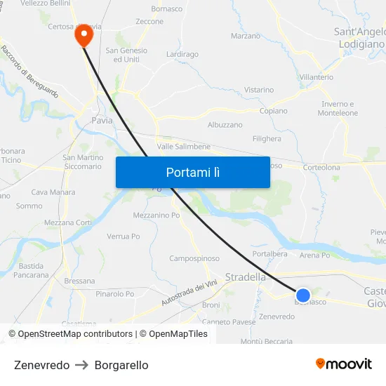 Zenevredo to Borgarello map