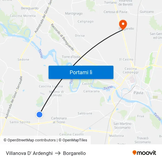 Villanova D' Ardenghi to Borgarello map