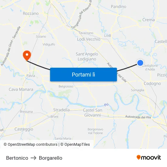 Bertonico to Borgarello map