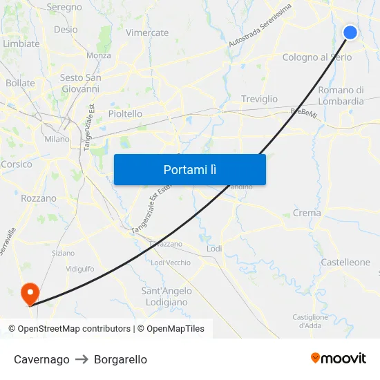 Cavernago to Borgarello map