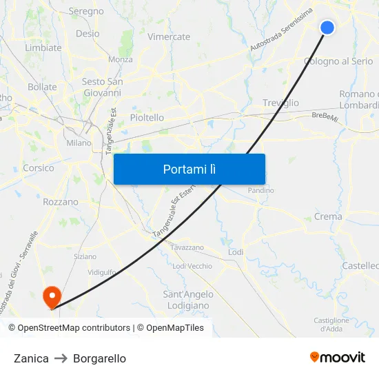 Zanica to Borgarello map