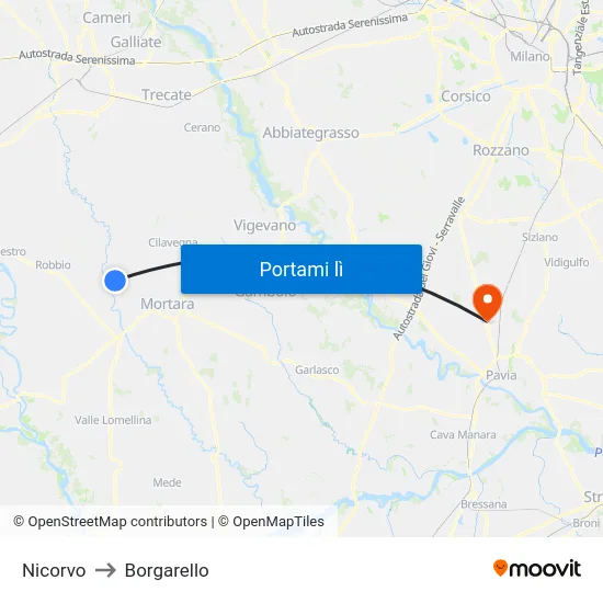 Nicorvo to Borgarello map