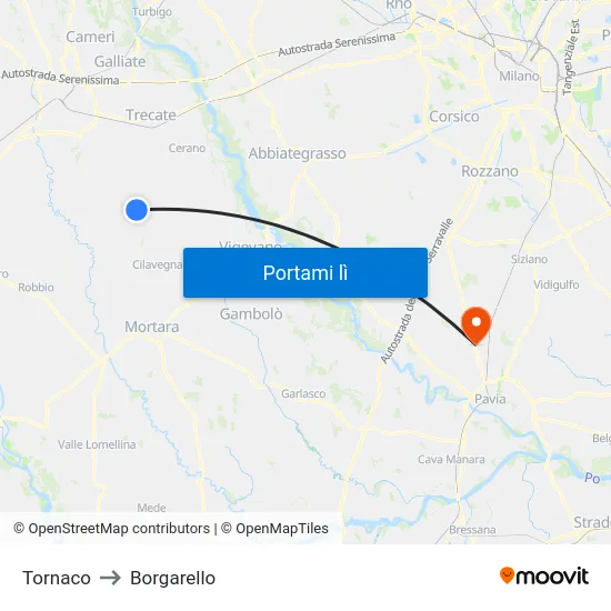 Tornaco to Borgarello map