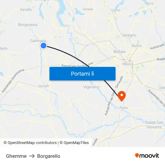 Ghemme to Borgarello map