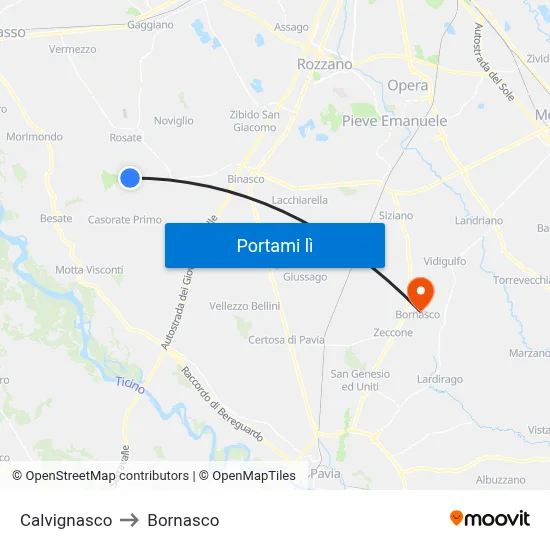 Calvignasco to Bornasco map