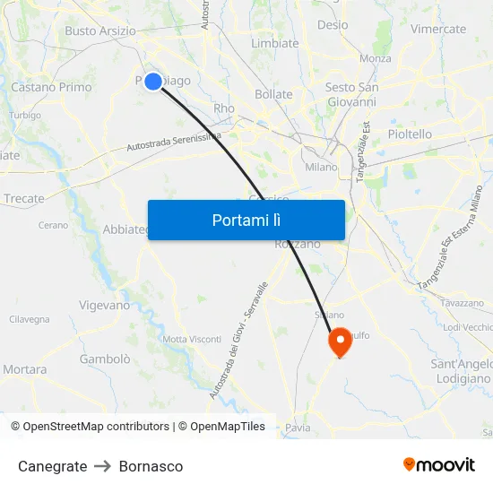 Canegrate to Bornasco map