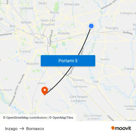 Inzago to Bornasco map