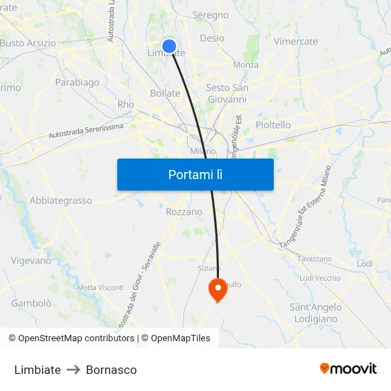 Limbiate to Bornasco map