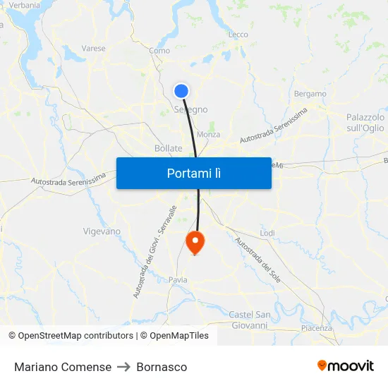 Mariano Comense to Bornasco map