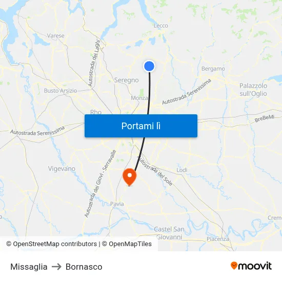 Missaglia to Bornasco map