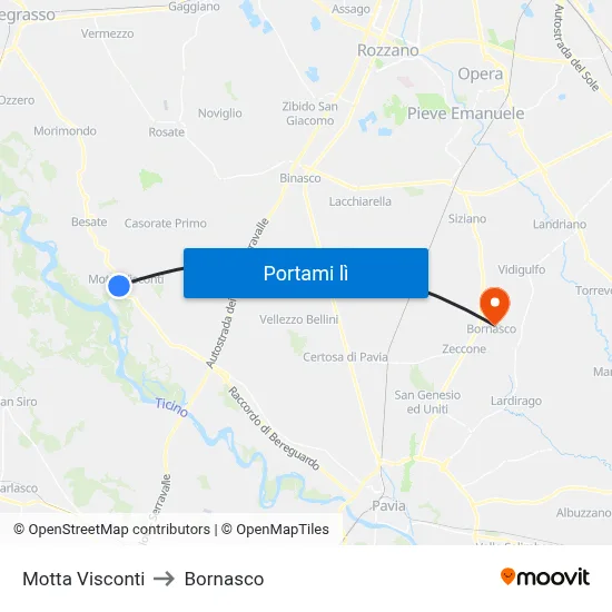 Motta Visconti to Bornasco map