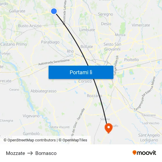 Mozzate to Bornasco map