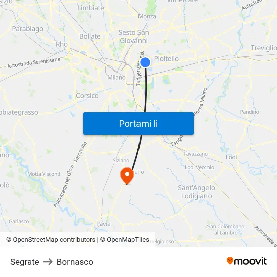Segrate to Bornasco map