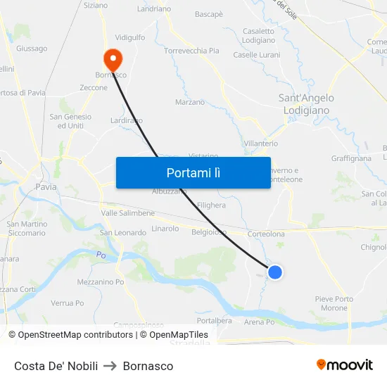Costa De' Nobili to Bornasco map