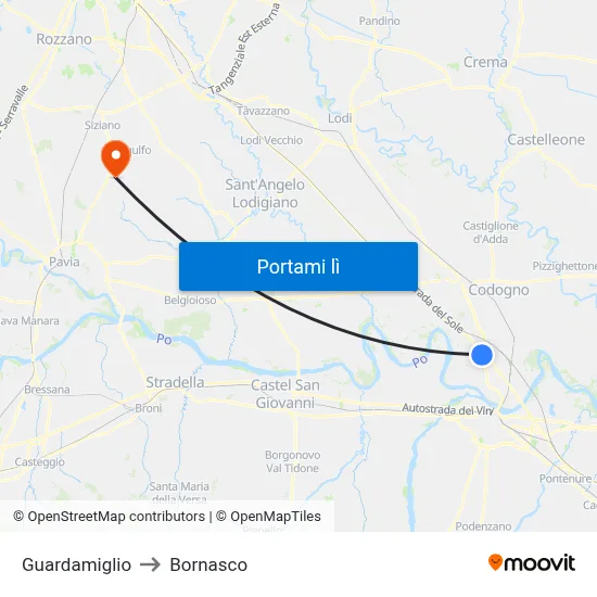 Guardamiglio to Bornasco map