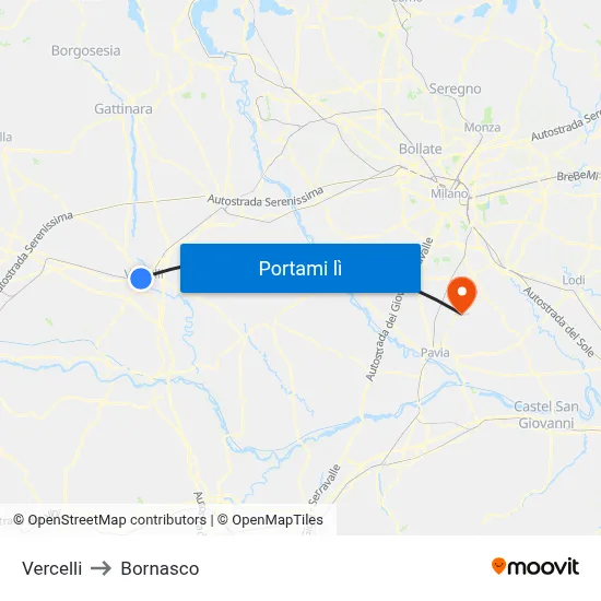 Vercelli to Bornasco map