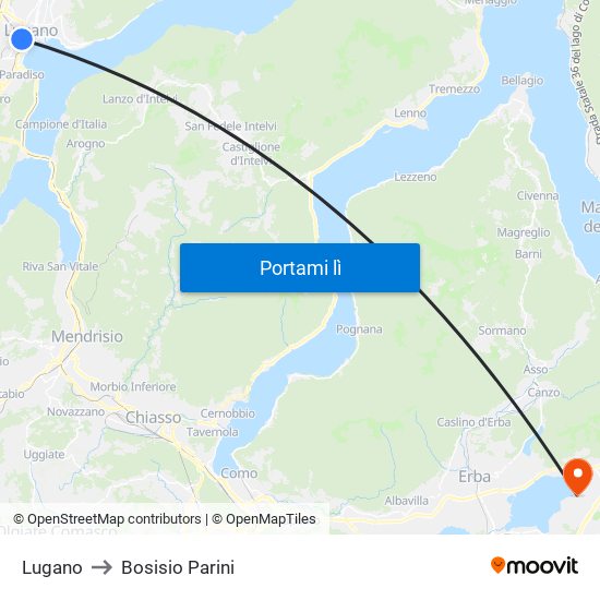 Lugano to Bosisio Parini map