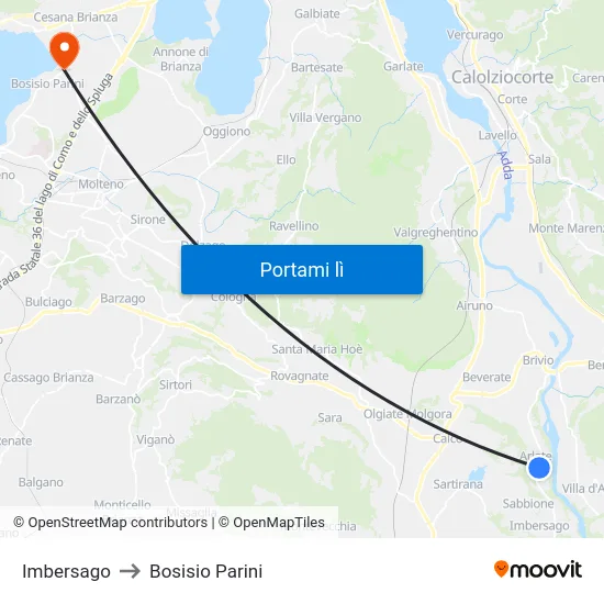 Imbersago to Bosisio Parini map