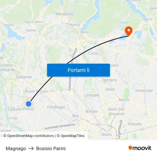 Magnago to Bosisio Parini map