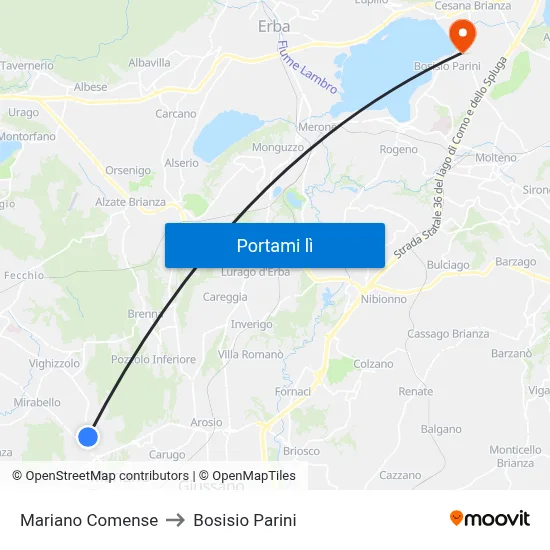 Mariano Comense to Bosisio Parini map