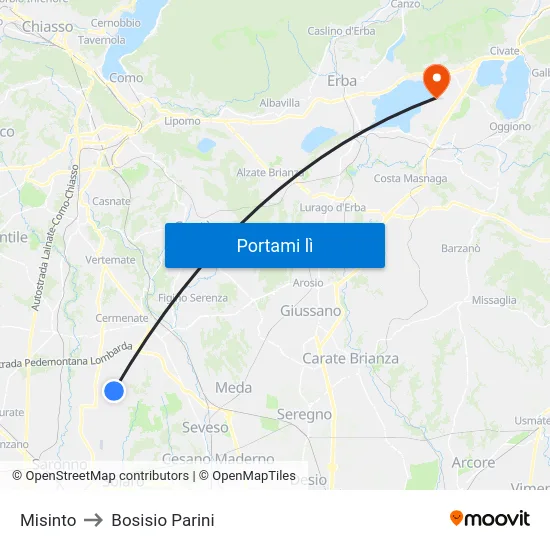 Misinto to Bosisio Parini map