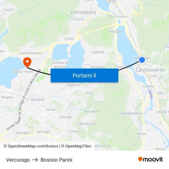 Vercurago to Bosisio Parini map