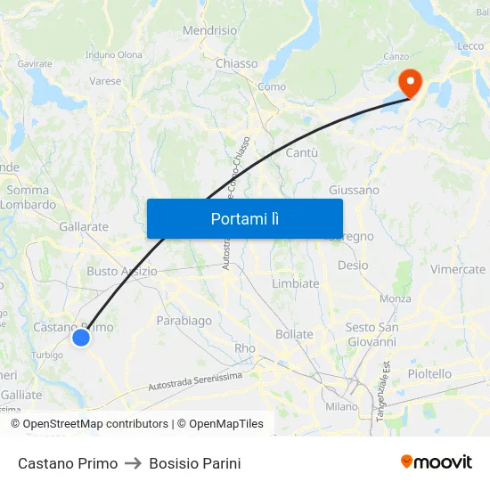 Castano Primo to Bosisio Parini map