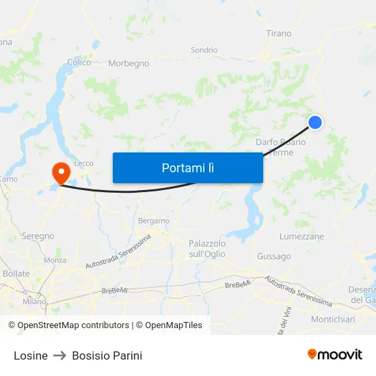 Losine to Bosisio Parini map