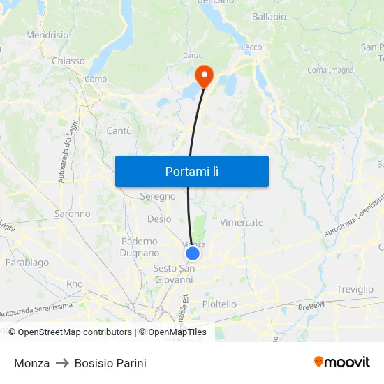 Monza to Bosisio Parini map