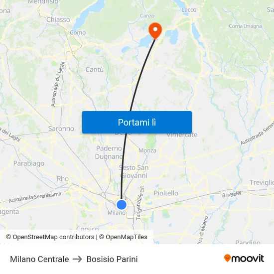 Milano Centrale to Bosisio Parini map