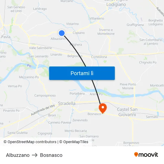 Albuzzano to Bosnasco map