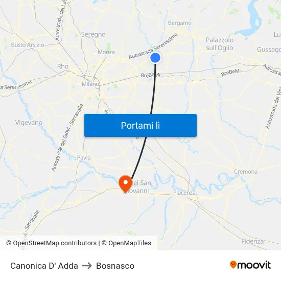 Canonica D' Adda to Bosnasco map