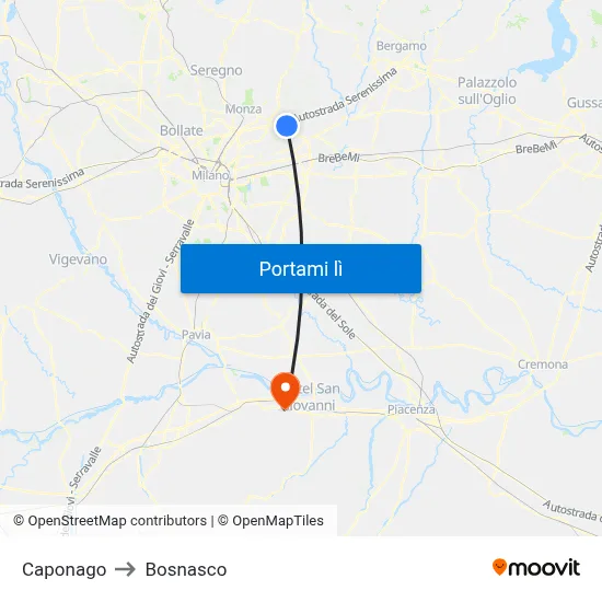 Caponago to Bosnasco map