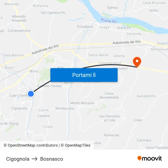 Cigognola to Bosnasco map