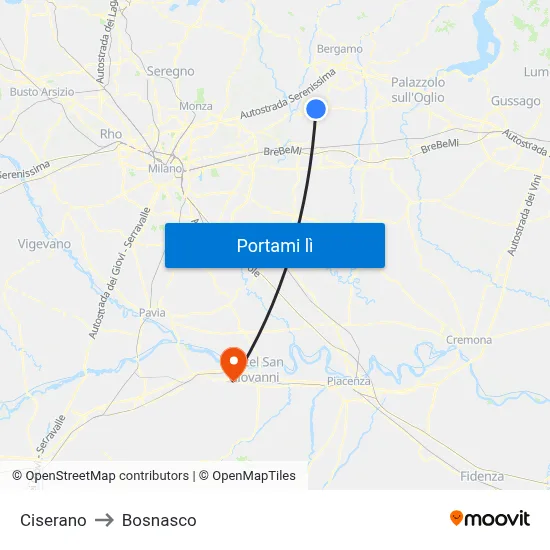 Ciserano to Bosnasco map