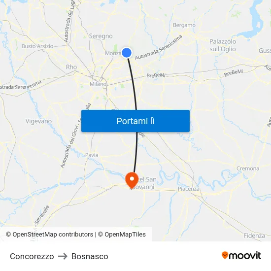 Concorezzo to Bosnasco map