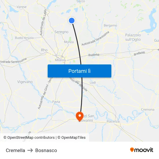 Cremella to Bosnasco map